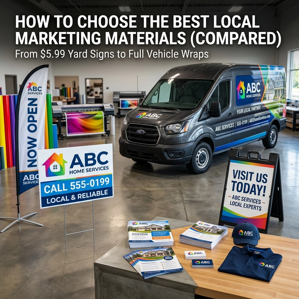 How to Choose the Best Local Marketing Materials (Compared): From $5.99 Yard Signs to Full Vehicle Wraps